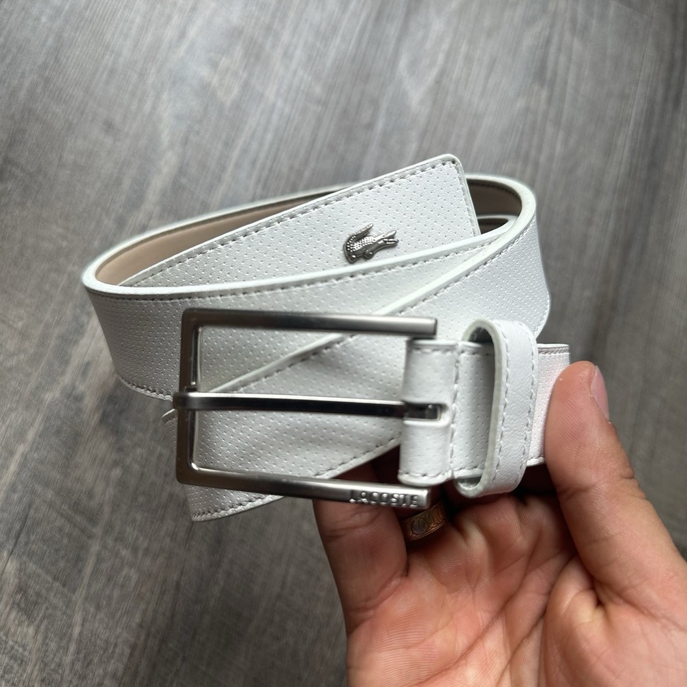 NEW Lacoste Mens White Canvas Web Belt Brown Leather Trim Size 42 Crocodile